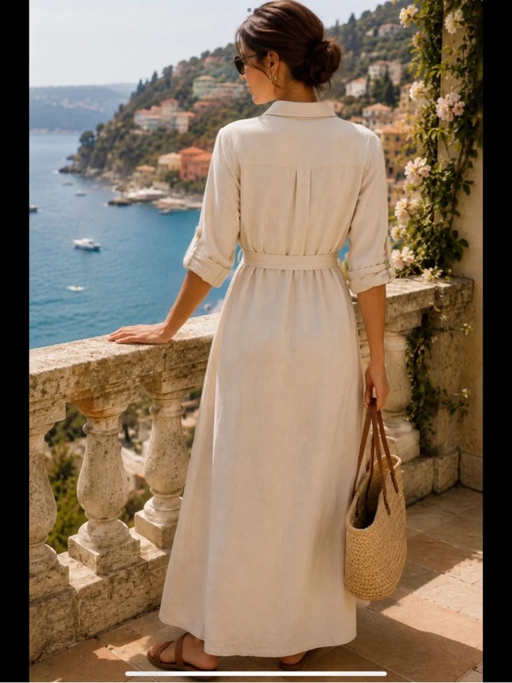 Natural Linen Coastal Maxi Shirtdress Belted Button Front Pockets S/P